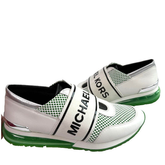 Michael KORS Felix Trainer Sneaker Mesh White Green LOGO Slip-on Shoe 8.5M - Picture 1 of 9